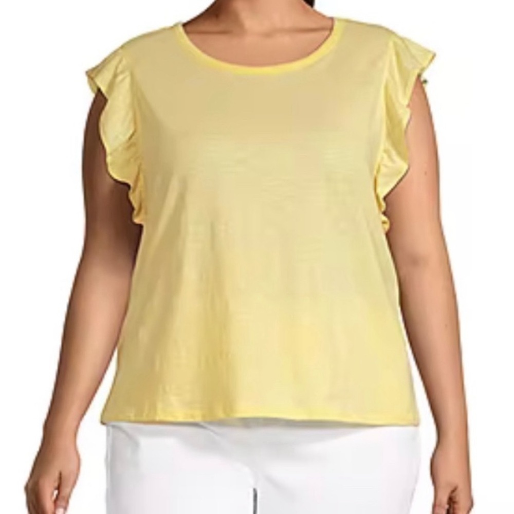 a.n.a‎ Ruffle Flutter Sleeve Top Size L Yellow Slub Knit Cotton Crew Neck
